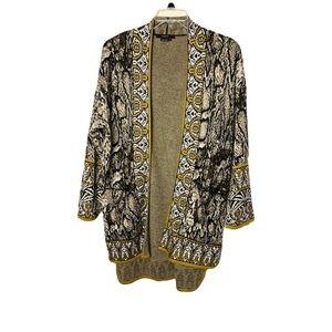 Vertigo | Black Gold Wool Blend Longline Open Cardigan Duster Sweater, Large